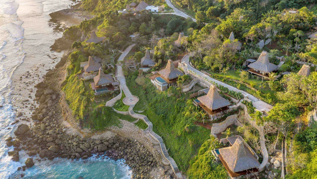Aerial view of Lelewatu resort villas on the Sumba cliffs