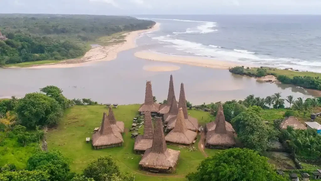 Aerial view of Ratenggaro Village beside the sea
